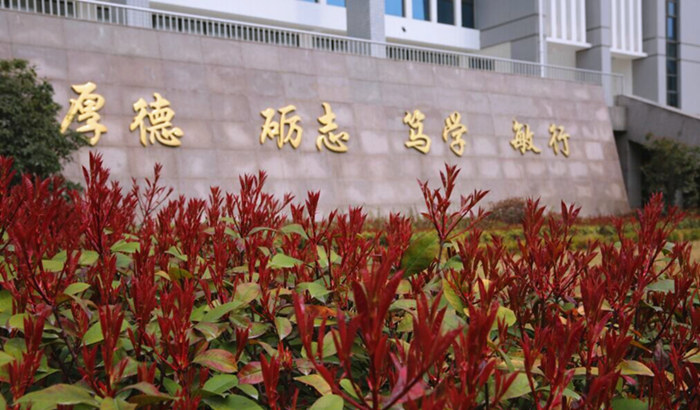 红花绿草簇拥着校训